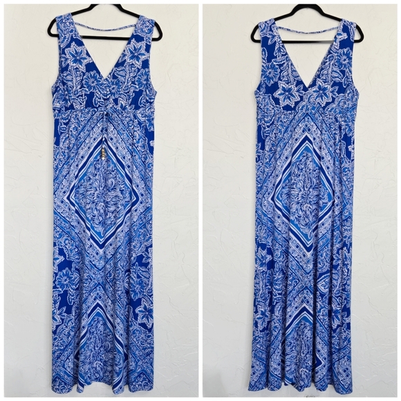 Lilly Pulitzer Blue White Drawstring Waist Miraflora Maxi Dress, XL - Picture 2 of 13
